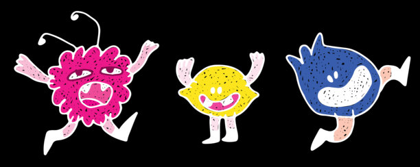 各种促销需求的可定制图形元素的创意矢量徽章和标志。手绘风格，带有白色曲线的彩色图案，复古设计。鲜艳的绘画。黑色背景。矢量插画。图片下载