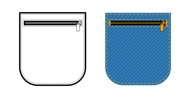 带拉链的圆角贴袋，牛仔裤技术时装插画。平面的服装线条模板和颜色。女款，图片下载