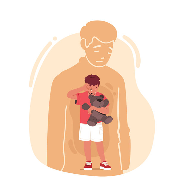 悲伤失落的成年人剪影，内心住着一个背着他的小孩，矢量插画图片下载