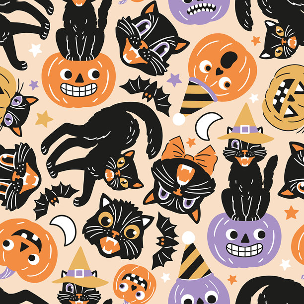 复古万圣节角色无缝矢量图案。手绘的幽灵般的黑猫和万圣节南瓜插画。EPS 10矢量文件。非常适合纺织品、壁纸或托儿所印花设计。图片下载