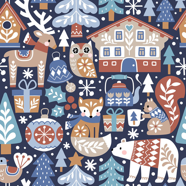 可爱的林地动物和雪松的无缝矢量图案。北欧圣诞插画，包含驯鹿、狐狸、猫头鹰、熊、松鼠和阿尔卑斯山木屋。EPS 10矢量文件。非常适合纺织品、壁纸或婴儿房印花设计。图片下载