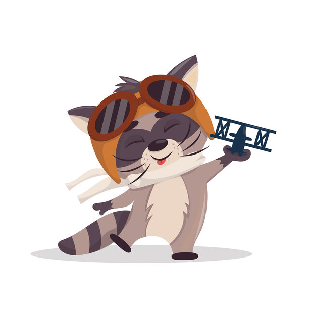 可爱的浣熊飞行员手持玩具飞机的插画图片下载