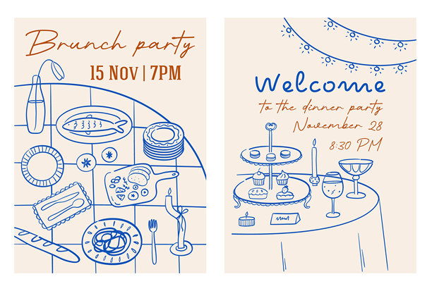 时尚的海报，上面有餐桌的素描插画。蓝色和橙色的奇幻早午餐邀请函。优雅的晚宴。图片下载