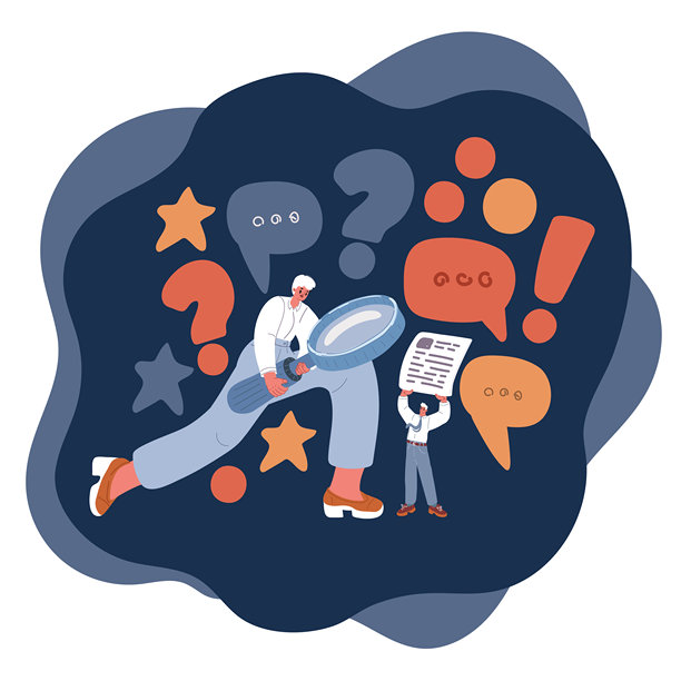 卡通矢量插画，一位女性通过放大镜看向你，象征审视和近距离检查的概念。图片下载