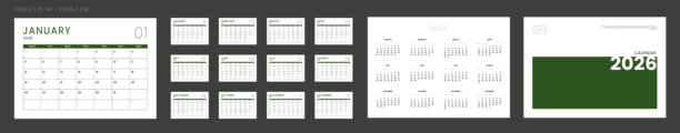 2026年日历计划表模板套装，包含月度网格页面、带照片位置的封面、公司Logo和年度视图。桌面或墙面日历的矢量布局，周一为一周开始，可供打印。A4尺寸。图片下载