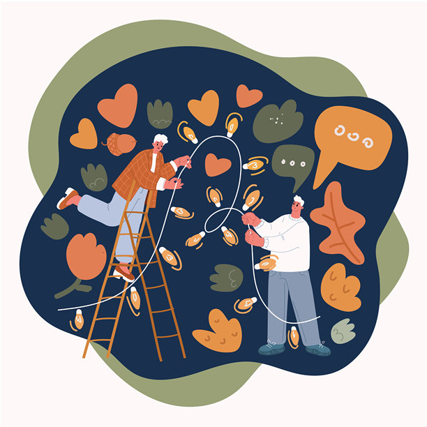 卡通矢量插画：一位女士站在梯子上装饰房间，挂着花环，概念是节日装饰和家居改造。图片下载