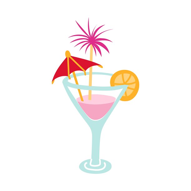 马提尼杯中的饮品。粉红色的饮品配有雨伞、圣诞彩带和柠檬，用于在热带地区庆祝。圣诞节是热带的，手绘风格。平面插画。孤立在白色背景上的物体。图片下载