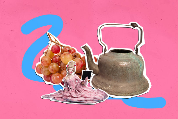 3D拼贴画风格的艺术插画横幅，描绘了一位严肃的公爵夫人，手持书籍和茶壶，旁边有葡萄水果，背景为文艺复兴时期。图片下载