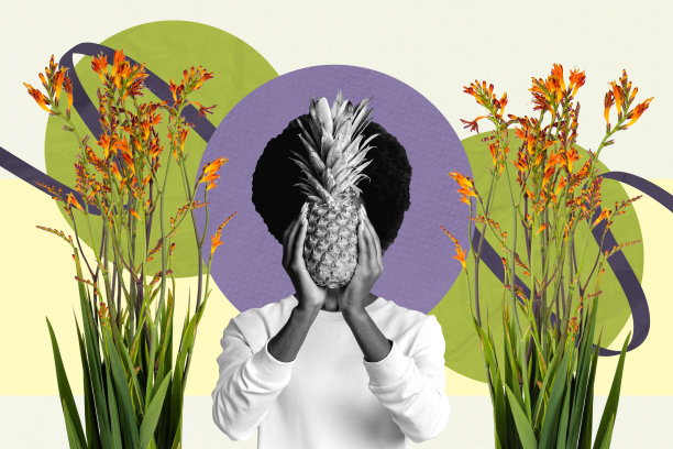 春天三月，一位戴着帽子、身穿潮流服饰的匿名美国女孩，在野花盛开的灌木丛旁，手持菠萝，摆出姿势拍摄的照片，整体呈现潮流拼贴风格。图片下载