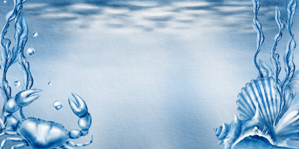 海洋贝壳模板：螃蟹、扭曲的尖壳、牡蛎、贻贝、有肋的半圆形贝壳、气泡、风格化的海带，蓝色单色。手绘水彩插画。图片下载