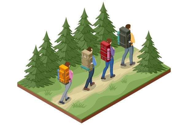 旅游徒步。等距插画：一群背着背包的徒步者沿着森林小径行走。露营装备包括帐篷、睡袋、营火、地图、斧头、保温瓶、手电筒和指南针。图片下载