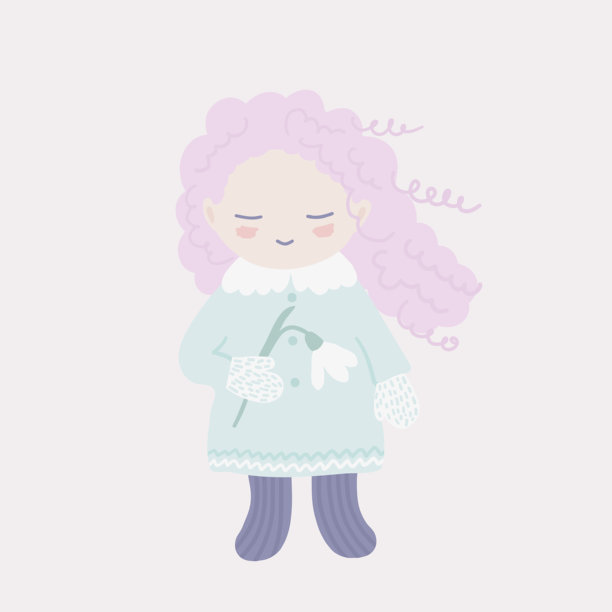 可爱女孩微笑着手持雪滴草的插画图片下载