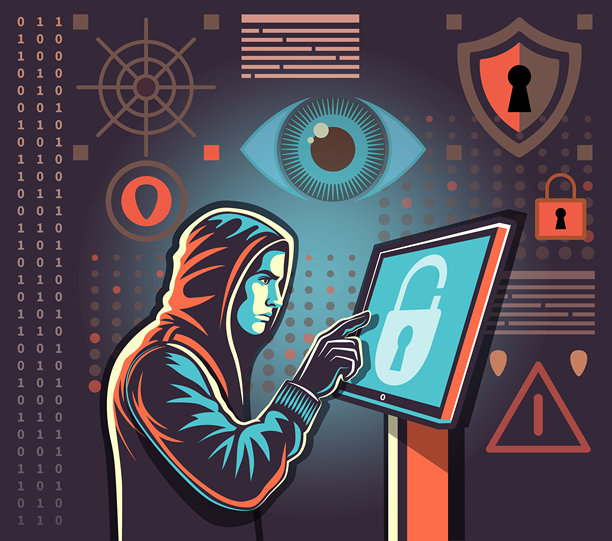 数据盗窃机器人，在网络犯罪中从电脑屏幕窃取信息，解锁密码，扁平化设计插画图片下载