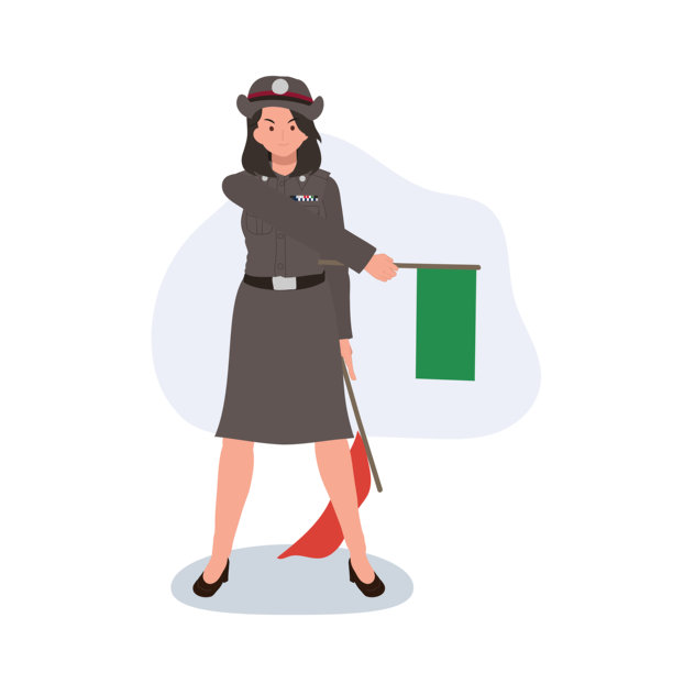 泰国女警手持绿旗指挥交通，插画展示女警身着制服在泰国维护道路安全。图片下载