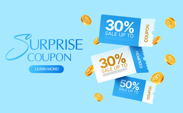 浅蓝色背景上的惊喜优惠券矢量设计，带有漂浮的代金券、金币和高达 50% 的折扣优惠，非常适合促销和电子商务营销。3D 矢量插画图片下载