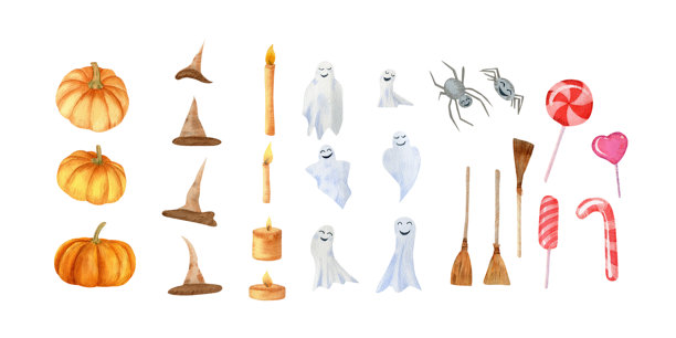 水彩万圣节套装。包含南瓜、女巫帽、棒棒糖、蜡烛、扫帚、蜘蛛、鬼魂等节日装饰设计插画。图片下载