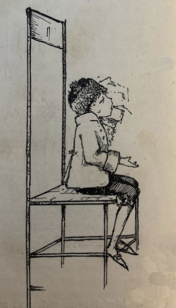 古董插画 - 一个小男孩坐在一张特大号的椅子上图片下载