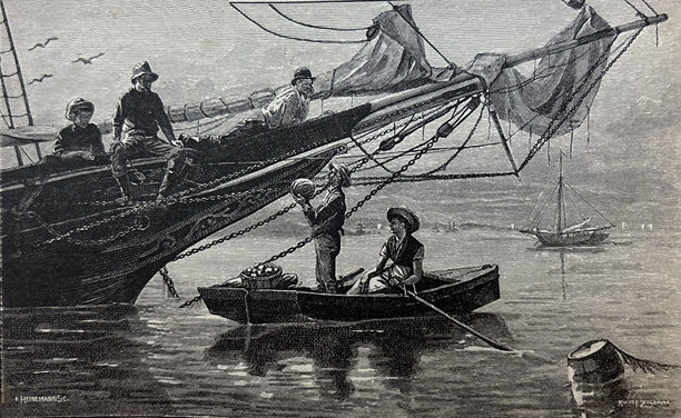 老式插画——男女在划艇上，旁边是一艘大型帆船，他们正在把农产品递给水手图片下载