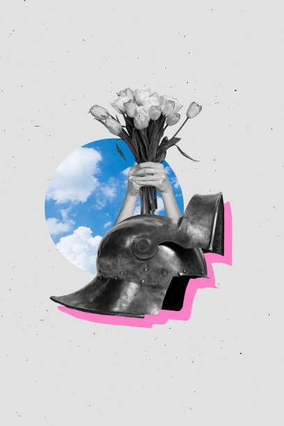 钢铁史前盔甲头盔、郁金香花盛开、浪漫文艺复兴骑士的趋势垂直照片拼贴图片下载