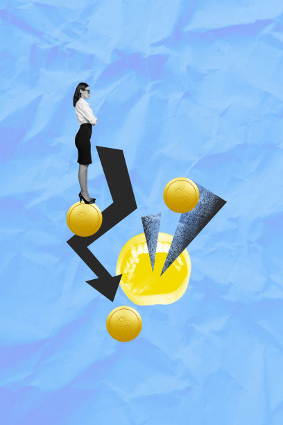 创意3D海报潮流拼贴照片：新手女商人站在箭头上，面对硬币通胀和嘴巴吞食问题的困境图片下载
