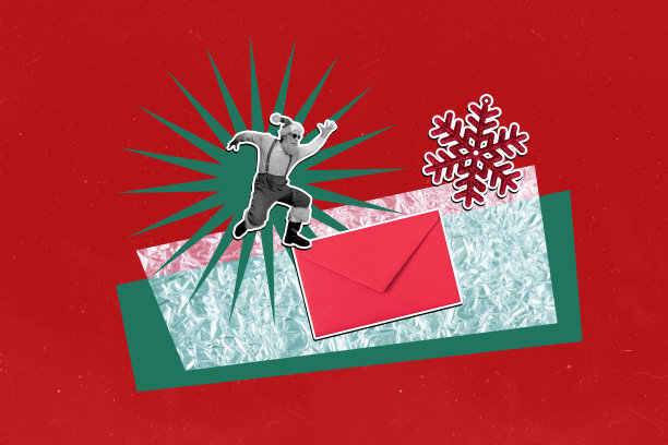 海报草图图像艺术作品 3D 照片拼贴，包含信息信封、短信、老年男子、舞蹈剪影、雪花、新年季节、圣诞假期。图片下载