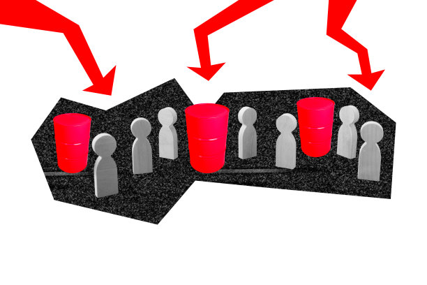 趋势艺术合成横幅照片拼贴：箭头向下、通货膨胀数据、人群、全球分布、技术、石油市场图片下载