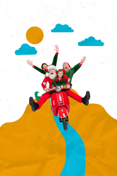 潮流垂直艺术3D照片拼贴，描绘了快乐的圣诞老人骑着摩托车，精灵团队，小女孩和年轻男子们参加假面舞会。图片下载