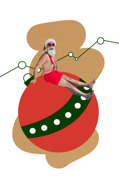 圣诞假期装饰主题的潮流艺术合成照片拼贴设计，包含冬青、节日气氛、穿着泳装的圣诞老人坐在球上。图片下载