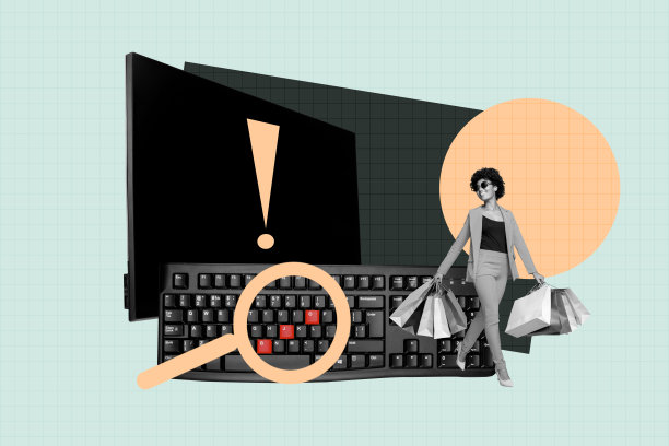 职场人士的快乐工作场景：商务人士、女商人、就业、电脑显示器、键盘、办公桌、简历和放大镜的 3D 照片拼贴潮流艺术横幅图片下载