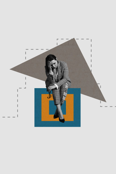 3D弹出式拼贴垂直照片，展示一位沮丧的女商人生气地坐在下降的图表统计数据旁边，代表经济衰退问题和危机。图片下载