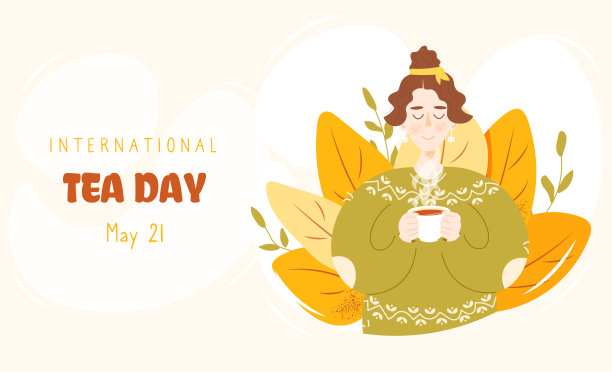 国际茶日矢量插画，一位面带微笑的年轻女孩手捧茶杯。舒适的扁平卡通风格。手绘。非常适合横幅、网站、海报、卡片、传单等。图片下载