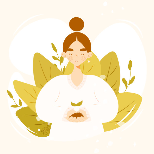 一个年轻女孩微笑着，双手捧着一株绿色的嫩芽或小树。扁平卡通矢量插画。象征环保、自然保护、绿色生活方式、可持续性。图片下载