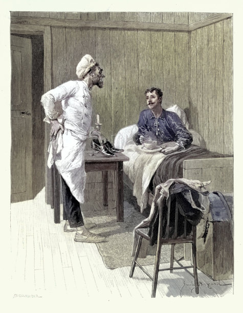 19世纪90年代，法国，厨师在床上为男士提供早餐，维多利亚时代插画，19世纪，摘自《是否应该相爱？》莱昂·德·廷索（Leon De Tinseau）的场景。图片下载