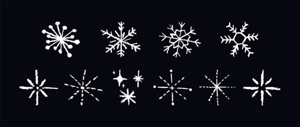 蜡笔或炭笔纹理的圣诞雪花套装。别致的黑板风格，非常适合幼儿园圣诞手工、卡片和节日设计。儿童风格的矢量插画。图片下载