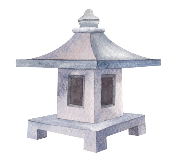 水彩插画，描绘了一个带有直线屋顶和矩形窗户的传统日式石灯笼。图片下载