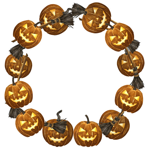 万圣节花环设计模板，印有橙色南瓜、乌鸦和扫帚。水彩万圣节插画。十月丰收背景。有机蔬菜园食品。自然设计。秋季。图片下载