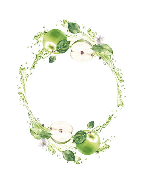 圆框，内有青苹果和果汁飞溅。手绘水彩插画，孤立在白色背景上。图片下载