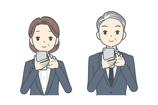 中年男商人和中年女商人在操作智能手机的插画图片下载
