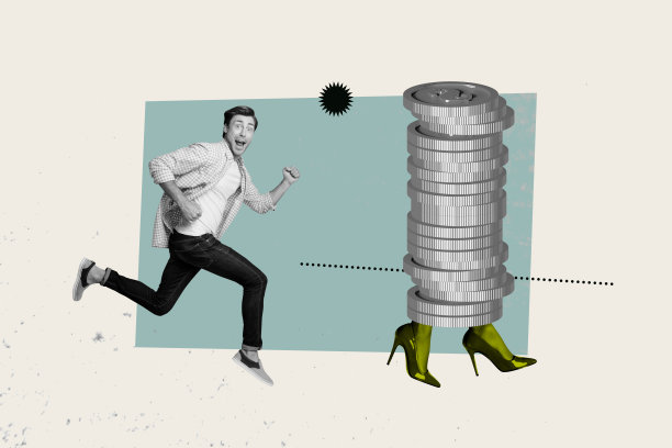 兴奋的商人而不是头部，跑向钱堆，成为百万富翁大奖得主的独家 3D 照片拼贴画图片下载