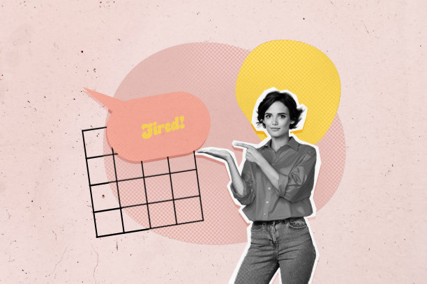 3D艺术插画风格的横幅，拼贴画，一个困惑的女商人和一个新手员工，带有关于通货膨胀问题的对话气泡，解雇（的意象）。图片下载