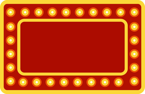 马戏团灯光横幅图标。灯箱边框广告牌招牌。复古广告招牌，红色华丽大字的金色灯光板符号。扁平化风格。图片下载