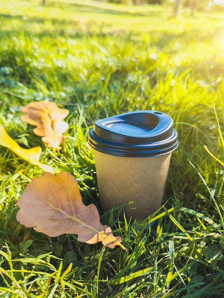 绿色草地上点缀着黄色秋叶的环保纸杯咖啡杯。秋日氛围，寒冷天气下的热饮。竖版照片。图片下载