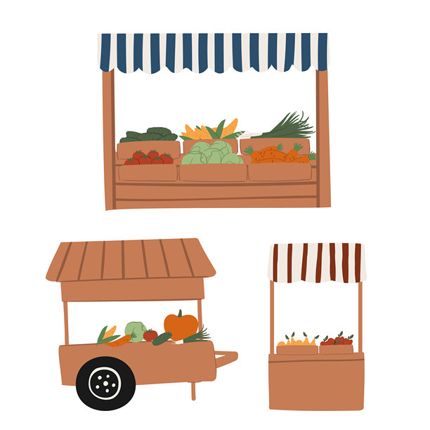 农贸市场插画集：木制手推车，装满南瓜、胡萝卜、玉米、绿叶蔬菜、黄瓜、洋葱、西红柿、卷心菜、苹果、梨的货摊，带有顶棚。新鲜农产品展示。图片下载