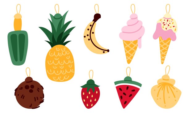 马提尼杯中的饮品。粉色饮品配有雨伞、圣诞彩灯和柠檬，用于热带庆祝。圣诞节是热带的，手绘。平面插画。孤立在白色的物体上。图片下载