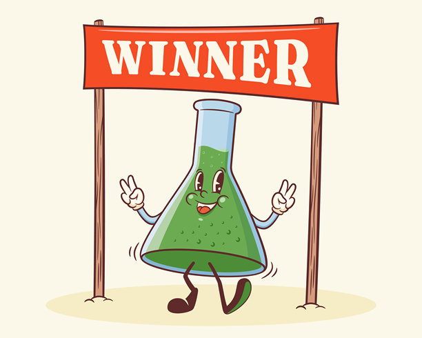 时髦的复古入学角色。卡通化学烧瓶在终点线与胜利横幅交叉。矢量教育吉祥物模板。快乐的复古酷学习人物插画，孤立展示。图片下载
