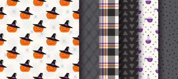 万圣节背景。万圣节无缝图案。一套带有南瓜脸、药水瓶、蜘蛛网、圆形和格子图案的纹理。黑色橙色印花。几何包装纸。矢量插画。图片下载