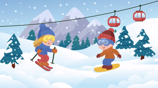 矢量插画。两个快乐的孩子正在雪山斜坡上滑雪和滑雪板，享受冬季运动和户外探险。非常适合用于娱乐、寒冷天气乐趣等主题。图片下载