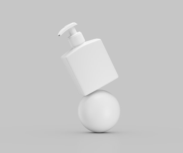 简约白色泵瓶模型在一个球体上保持平衡，干净的设计，三维插画图片下载