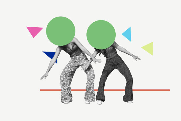 两名匿名女孩头部被球形人物取代的潮流三维照片拼贴，庆祝周末的场合，放松的活动，放松。图片下载