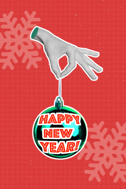 趋势竖版艺术3D照片拼贴，一只手拿着新年树装饰球、雪花、圣诞冬季假日装饰品图片下载